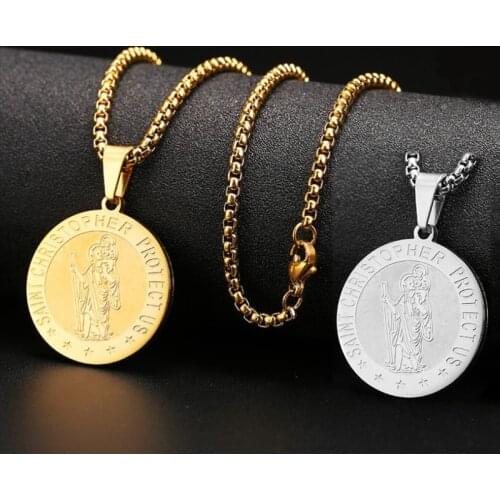 Stainless Steel Jesus Christ Necklace Gold Saint Christopher Protect US Pendant Necklaces For Women Men Jewelry For Christians