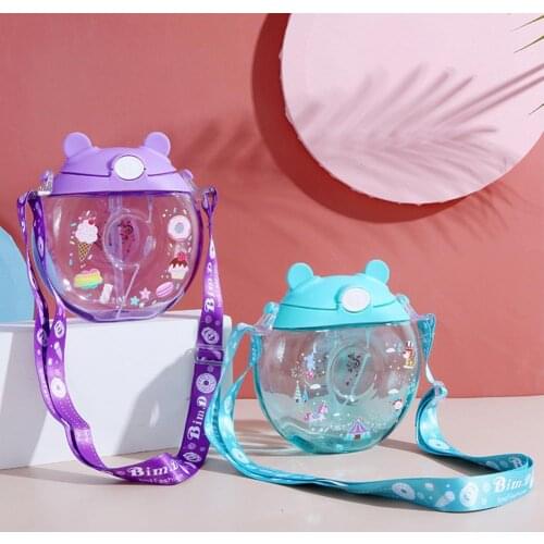 Kids Doughnut Shape Straw Water Bottles Leak-proof BPA Free Silicone Creative Plastic Adjustable Shoulder Strap Jug for Outdoor