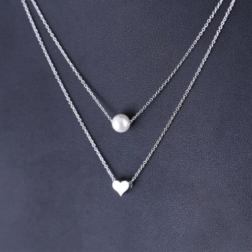 Korean Double Layer Pearl Heart Clavicle Chain 925 Sterling Silver Temperament Personality Fashion Female Necklace SNE144