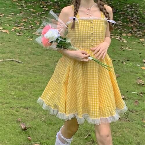 Korean Sweet Soft Girl Style Picnic Vacation Dress Square Collar Lace Sleeveless Plaid Bandage Bow Elegant Women Yellow Dress