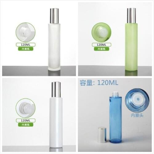 120ml frosted/green/blue/white glass bottle shiny silver lid plastic stopper for serum/lotion/emulsion/toner cosmetic packing