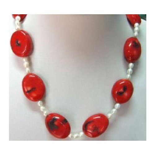 Fashion 5-6MM Real Rice White Akoya Cultured Pearl/Red Coral Pendants necklace