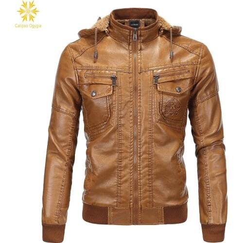 Fashion Hoodie Mens Winter Autumn Hooded Washed Leather Moto Coat Cashmere Thermal Warm Man Jacket Outwear Trench Homme 3XL
