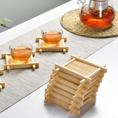 Natural 6pc 100% Bamboo Wood Trays For Tea Trays 7cm*7cm Creative Chinese Word Jing Concave Cup Mat