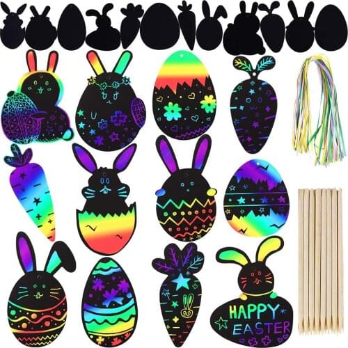 Omilut Rainbow Color Scratch Easter Ornaments Craft Kit Toys for Kids Party Favors Happy Easter Scratch Art Egg Decoration