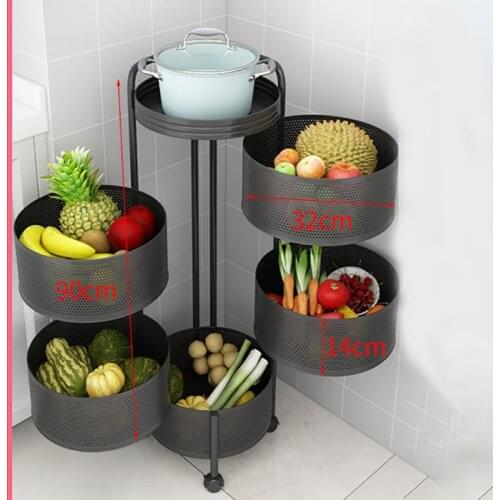 Thickened Metal Kitchen Vegetable Basket Multi-layer Rotatable Round Storage Basket Storage Rack Kitchen Organizer with Wheel
