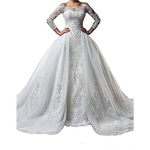 Vintage Bateau Neck Lace Long Sleeve Wedding Dresses With Detachable Skirt Plus Size Illusion 2019 Train vestido de noiva Bridal