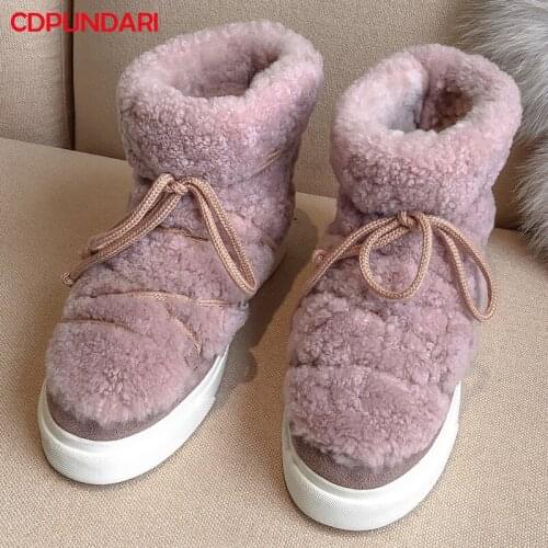 2021 Luxury Genuine Leather Patchwork Wool Snow Flat Platform Ankle Boots For Women Winter Short Boots Shoes Botines Mujer