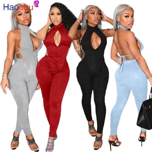 HAOOHU Women Summer Sets Solid Sleeveless Halter Back Full Hollow Out Bandage Tops Sheath Elastic Full Pants 2 Piece Set 2021