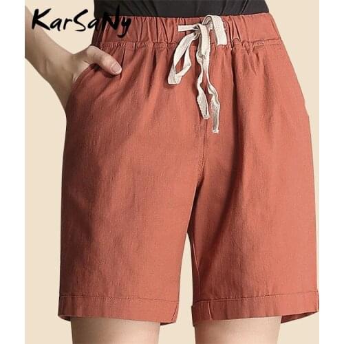 KarSaNy Summer Short Pants For Women Linen Elastic Waist Pockets Ladies Trousers White Wide Leg Pants High Waist Linen Trousers