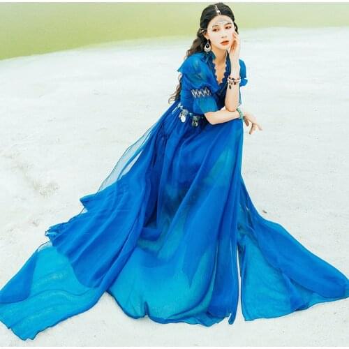 Vintage Style Blue V-Neck Maxi Dress For Women 2021 Summer New Fashion Tulle Puff Sleeve High Waist Bohemian Long Dress Female