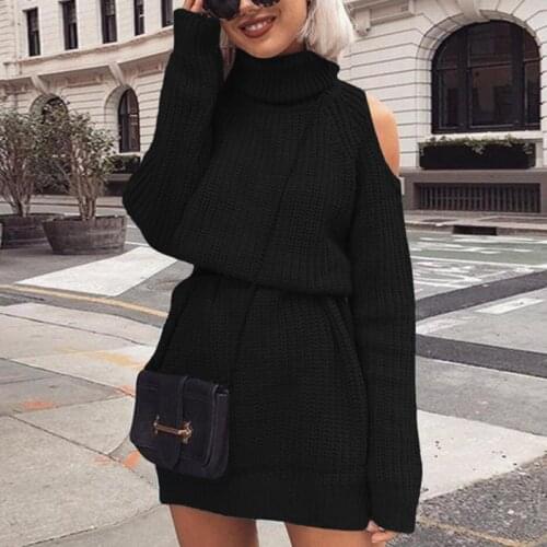 S-2XL Women 2020 Autumn And Winter Sext Strapless Long Sleeve HIgh Collar Loose Knitted Sweater Dress Sexy High Street Dress