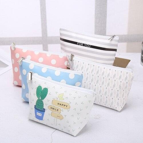 10pcs Dot Printed Protable Waterproof PU Zipper Cosmetic Bag 5colors