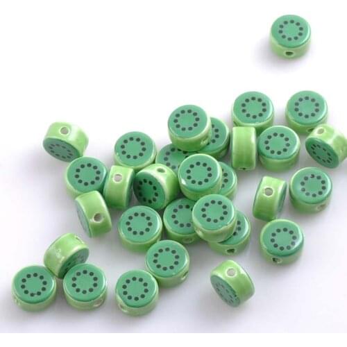 16x9mm 10pcs green Round kiwi fruit print Ceramic Beads Loose Beads Fit Jewelry Diy Spacer beads YKL0385