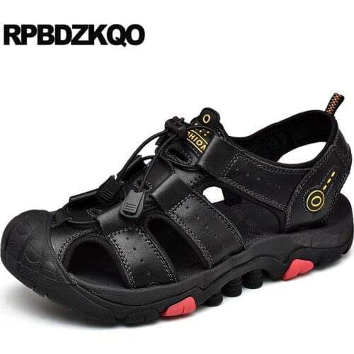 Large size waterproof beach fashion flat black outdoor water 2019 plus leather brown sandals designer shoes men high quality 46