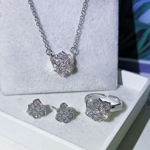 Designer original new flower diamond earring necklace adjustable ring three-piece luxury charm lady silver jewelry