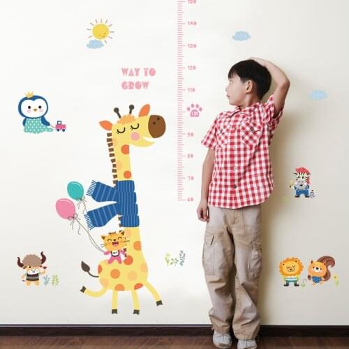 Friendly Cartoon Animals Kids Height Wall Stickers for Baby Rooms Lovely Giraffe Elephant Cats Home Decor PVC Vinyl Wall Decals