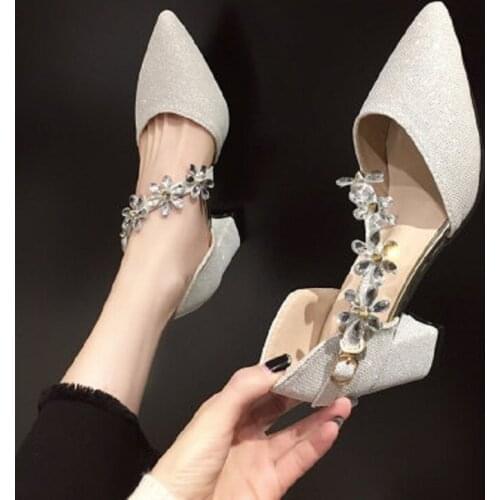One Word Buckle Elegant High Heels Spring And Autumn New Style Flower Pointed Sequin Cloth Fashion Womens Single Shoes
