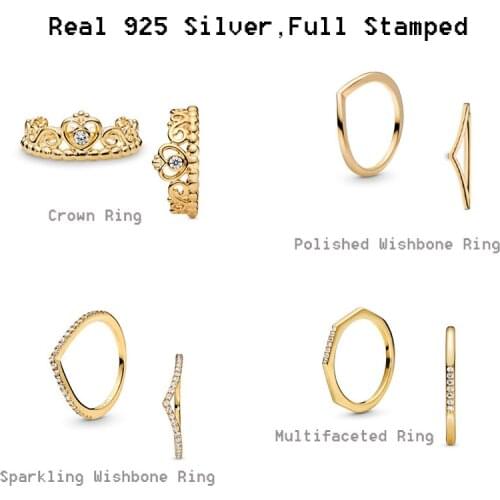 Real 925 Sterling Silver Wishbone Finger Ring Women Vintage Crystal Crown Rings Girl wedding Jewelry