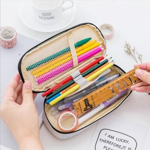 Korea School Pencil Case & Bags Pencil Pouch with Mesh Pocket Faux Leather Teen School Pencil Storage Bag Stationery Supplies