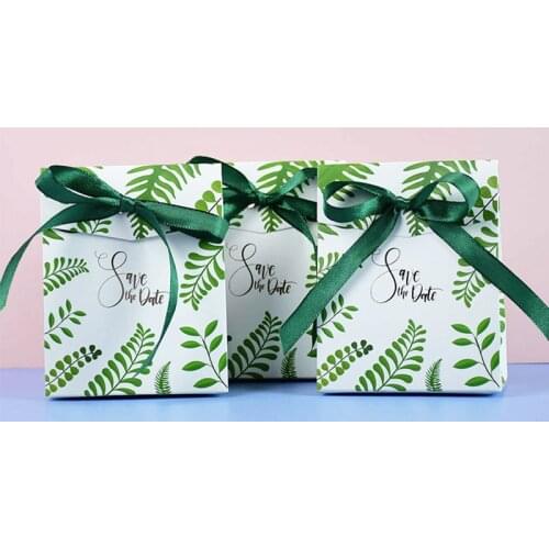 New Green Leaf Candy Box Wedding Favor Boxes Bonbonniere Gift Pacakging Bags with Ribbon DIY Kit Wedding Favour Party Supplies