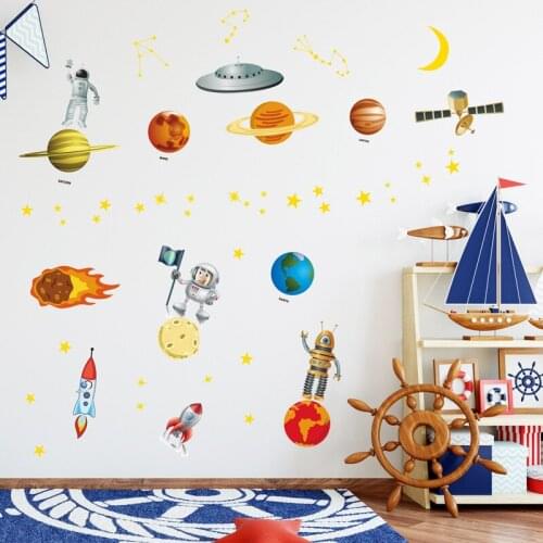 Space astronaut 8 planet wall stickers kids room outer space planet galaxy rockets ship decal mural decorative wall backgrounds