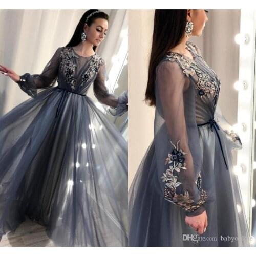 SuperKimJo Vestidos Formales Gray Vintage Prom Dresses 2021 Embrodiery Applique Elegant Prom Gown Vestidos De Graduación