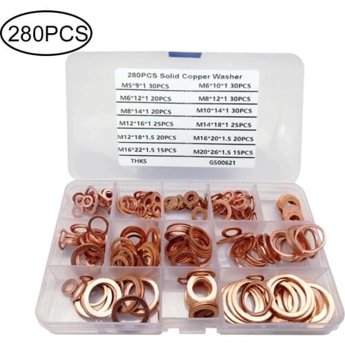 280pcs Copper Washer M5 M6 M8 M10 M12 M14 M16 M20 Flat Ring Gasket Sealing Washer Flat Seal Assortment Kit with Box For Hardware