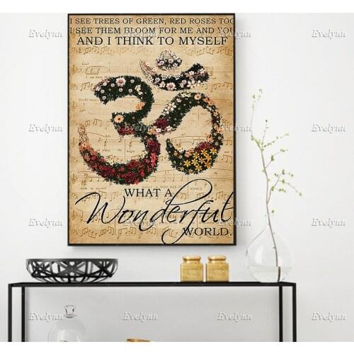 Music Sheet Wonderful World Yoga Vintage Hippie Poster/Yoga Lovers Wall Art Prints Home Decor Canvas Unique Gift Floating Frame