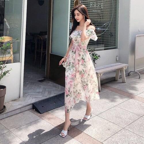 New arrival fashion beach dress women elegant summer sexy slash neck temperament office lady sweet print chiffon a-line dress