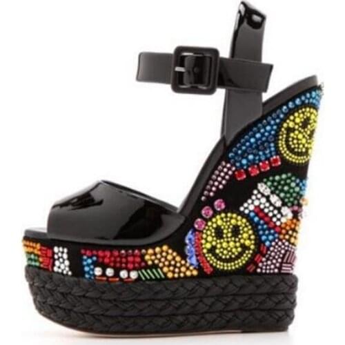 Luxury Shoes Women Designers 2018 Colorful Crystal Decor Big Yellow Smile Woman Leather Sandals Platform Heels Wedgs Sandals