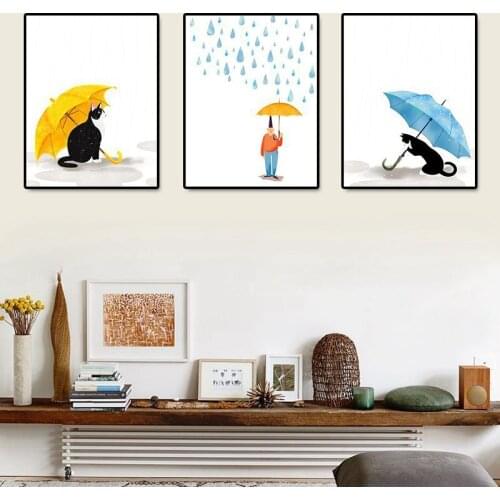 Nordic Cartoon Cat Umbrella Simple Decoration Painting Home Decoration Canvas Painting Frameless Hanging Wall Art Posters
