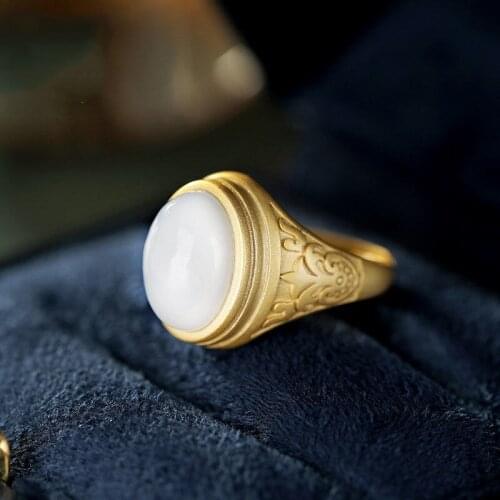 Hetian Jade S925 Sterling Silver White Jade Ring Womens Simple Personality Elegant High-Grade Index Finger Ring Jewelry