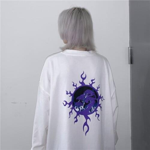 Retro Back Flame Sun Print T-shirt Womens T-shirts Tops Japanese Kawaii Ladies Ulzzang Female Korean Harajuku Clothes For Women
