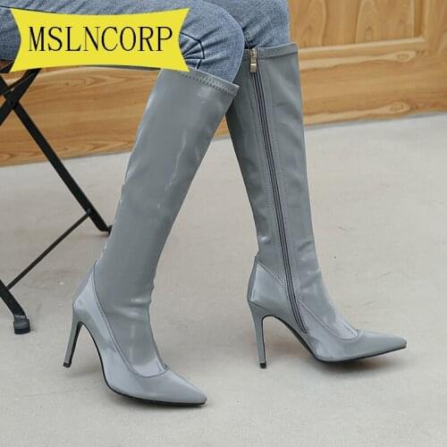 Plus Size 34-46 Fashion Women Boots Pointy Toe Knee Heel High Pointed Toe Woman Boot Autumn Winter Long Boots Shoes Women Boots