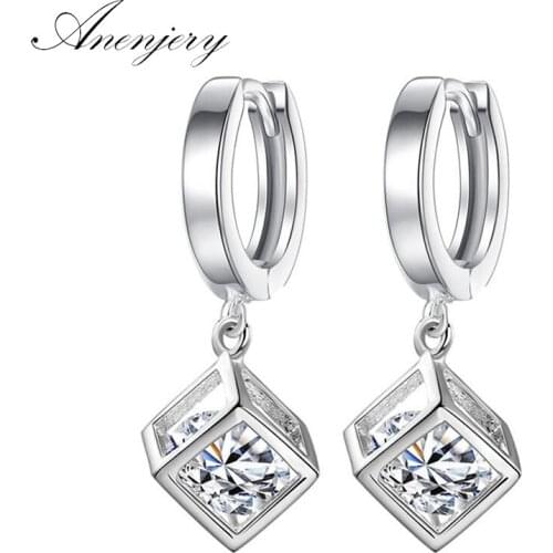 ANENJERY 925 Sterling Silver Cube Zircon Square Dangle Earrings For Women brincos Gift Wedding Jewelry S-E228