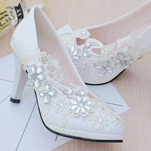 High heels wedding shoes woman silver crystal brides shoes ivory lace european hot fashion lady party wedding shoes womens
