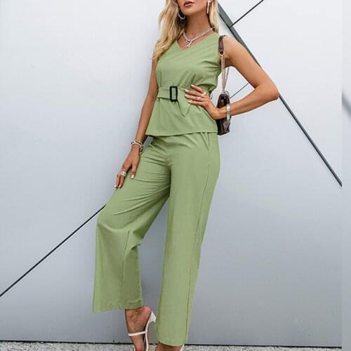 Two Piece Sleeveless Vest Trousers Set Elegant Women V-neck Waist Buckle Top Thin Pants Suit 2021 Summer Office Lady Casual Sets