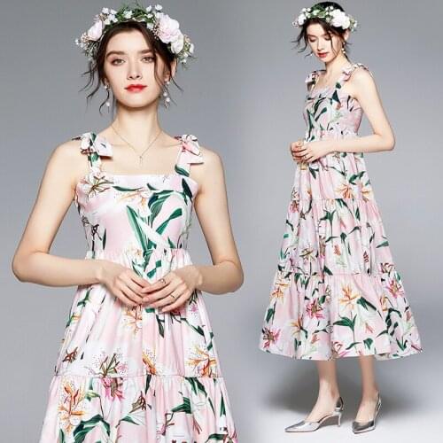 Summer Runway Vintage Floral Print Square Neck Bow Spaghetti Straps Sleeveless Women Ladies Party Casual Beach Midi Sundress