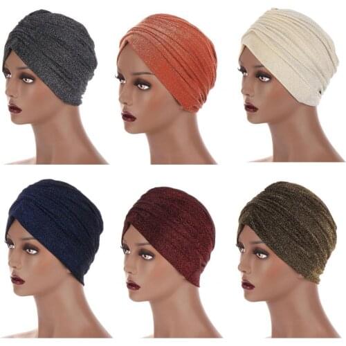 Women Bright Silk Wrinkle Muslim Headwrap Turban Bonnet Hat Inner Hijab Cap