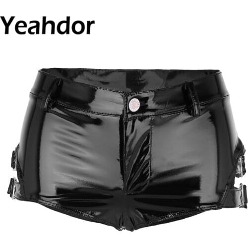 Womens Sexy Lingerie Shorts Wet Look Patent Leather Clubwear Low Rise Mini Shorts Hot Pants with Buckles for Night Party Club