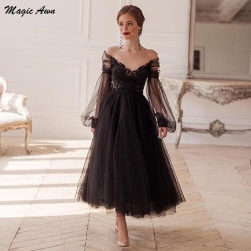 Magic Awn Black Long Puff Sleeves Prom Dresses Illusion O-Neck Lace Appliques Tulle Homecoming Gowns Ankle-Length Evening Gowns