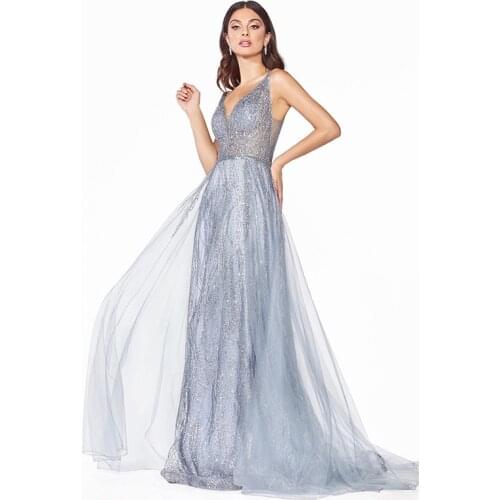 2020 Sexy Dusty Blue Shiny Long Prom Dresses Deep V Neck Tulle Beaded Backless Formal Party Dress In Stock
