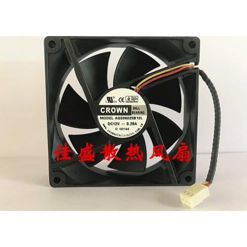 CROWN AGE09225B12L DC 12V 0.26A 90x90x25mm 3-Wire Server Cooling Fan