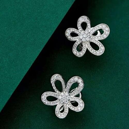 925 Sterling Silver Korean Fashion Ins Flower Stud Earrings For Women Sparkling Wedding Top Quality Exaggeration Fine Jewelry