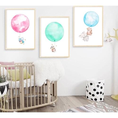 Watercolor Balloon Bear Elephant Cartoon Poster Print Minimalist Painting Wall Art Cavnas Picture Nordic Style Kids Decoration