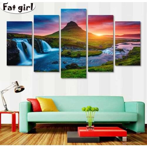 5D DIY diamond painting Beautiful mountain and river landscape painting cross stitch embroidery mosaic waterfall square round