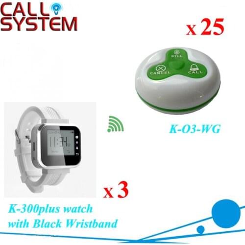 Wireless Waiter call system for restaurant of 3pcs watch receiver and 25pcs call button with call,bill cancel