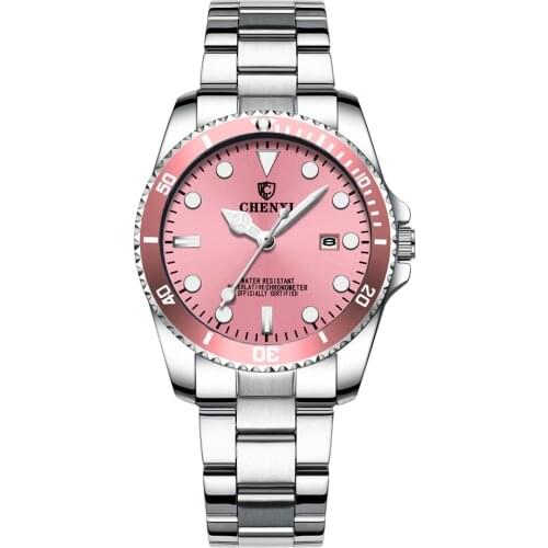 Chenxi Top Brand Women Dress Watches Pink Silver Full Stainless Steel Watch Calendar Business Quartz Clock Female Wristwatches