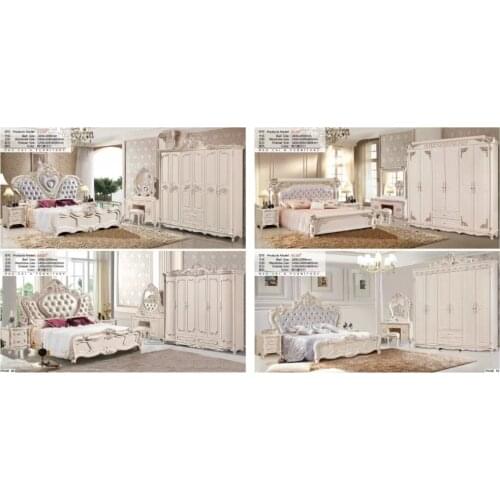 Modern european solid wood bed Fashion Carved leather french bedroom set furniture king size HC005